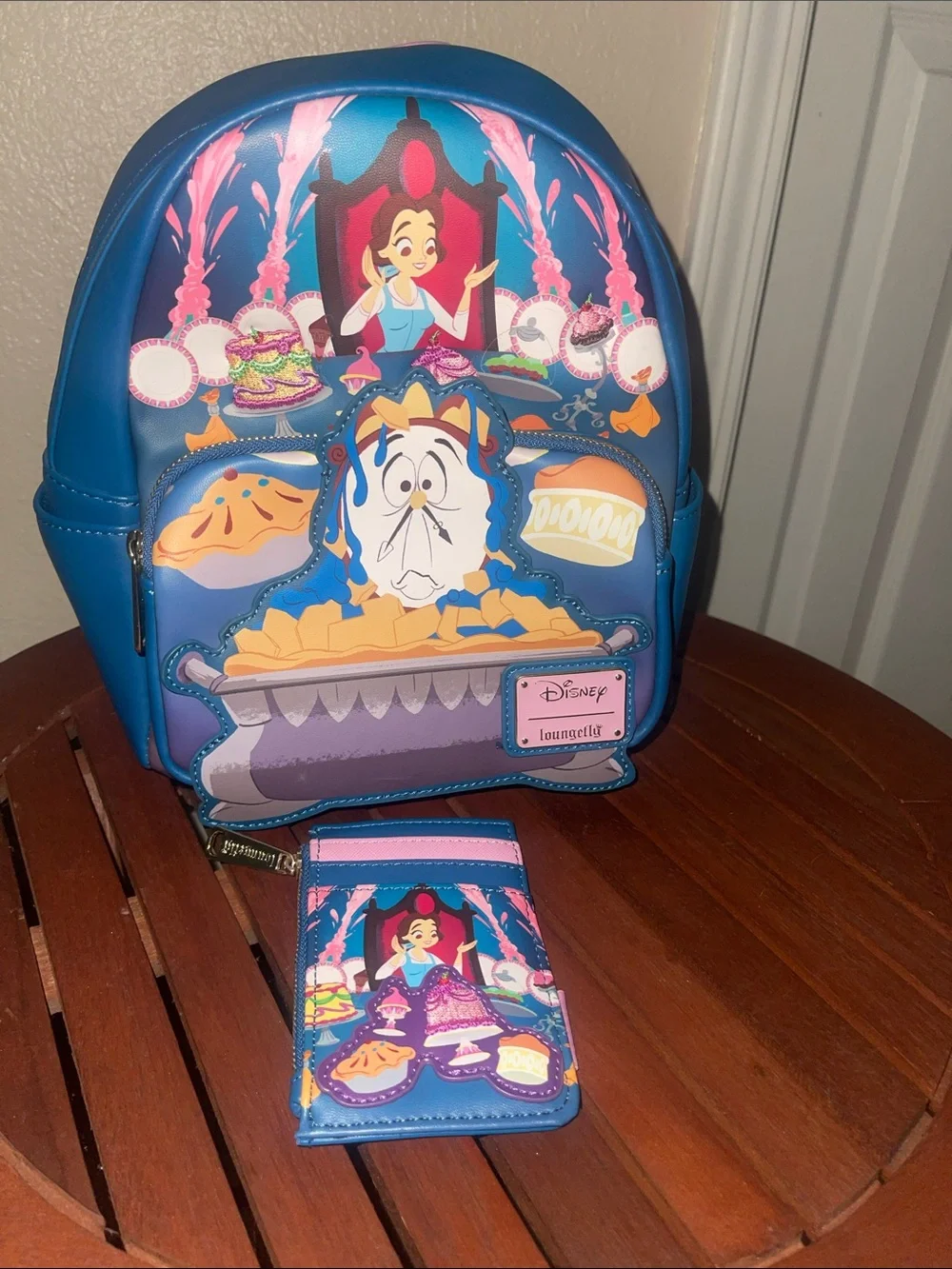 Loungefly Blue Belle 'Be Our Guest' Mini Backpack with Cardholder